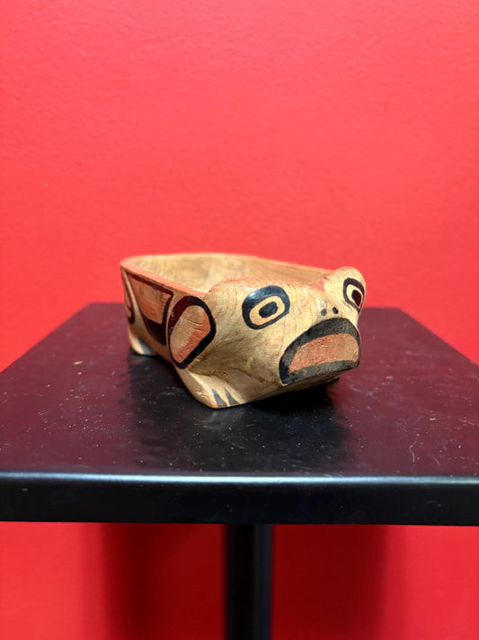 Beautiful antique indigenous first nation specific West Coast KAW - WAH painted cedar tiny feast bowl  5 x 2 1/2 wide hedgehog?