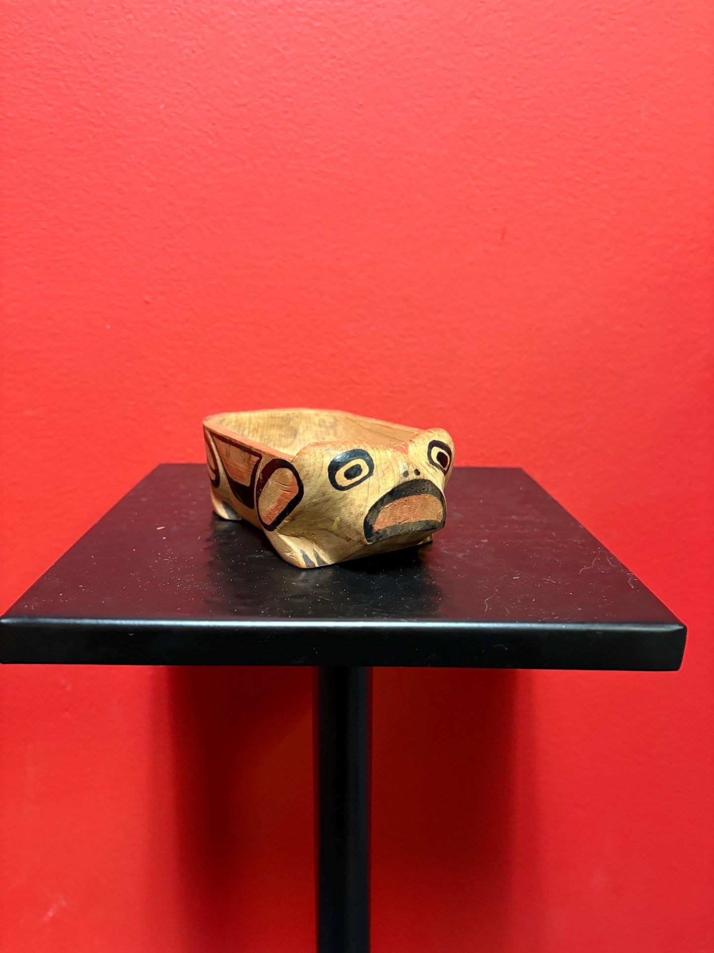 Beautiful antique indigenous first nation specific West Coast KAW - WAH painted cedar tiny feast bowl  5 x 2 1/2 wide hedgehog?