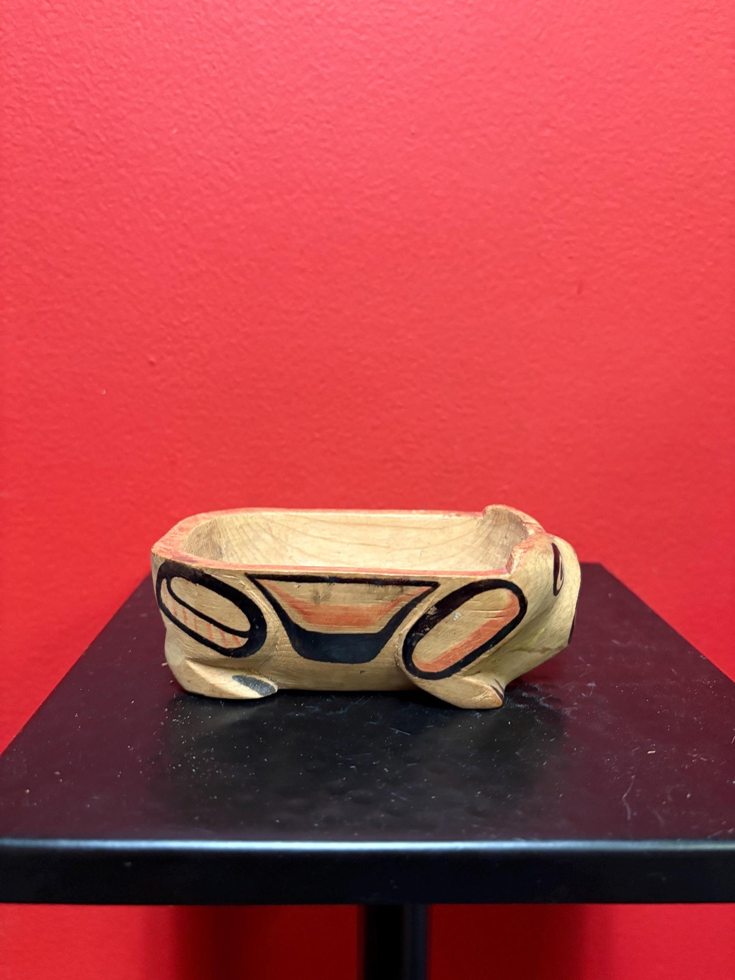 Beautiful antique indigenous first nation specific West Coast KAW - WAH painted cedar tiny feast bowl  5 x 2 1/2 wide hedgehog?