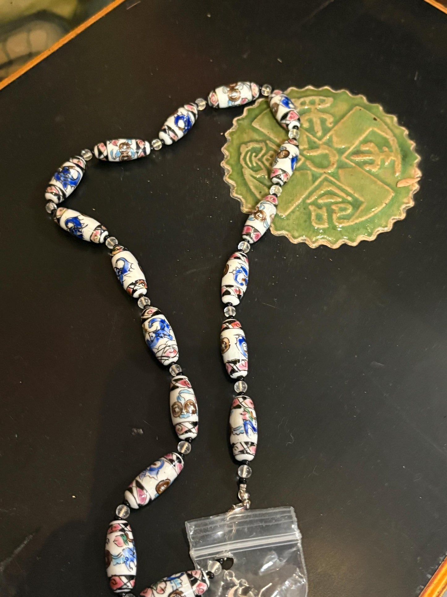 Beautiful approximately 21 inch long  European hand painted porcelain bead necklace with earrings  great value and great gift