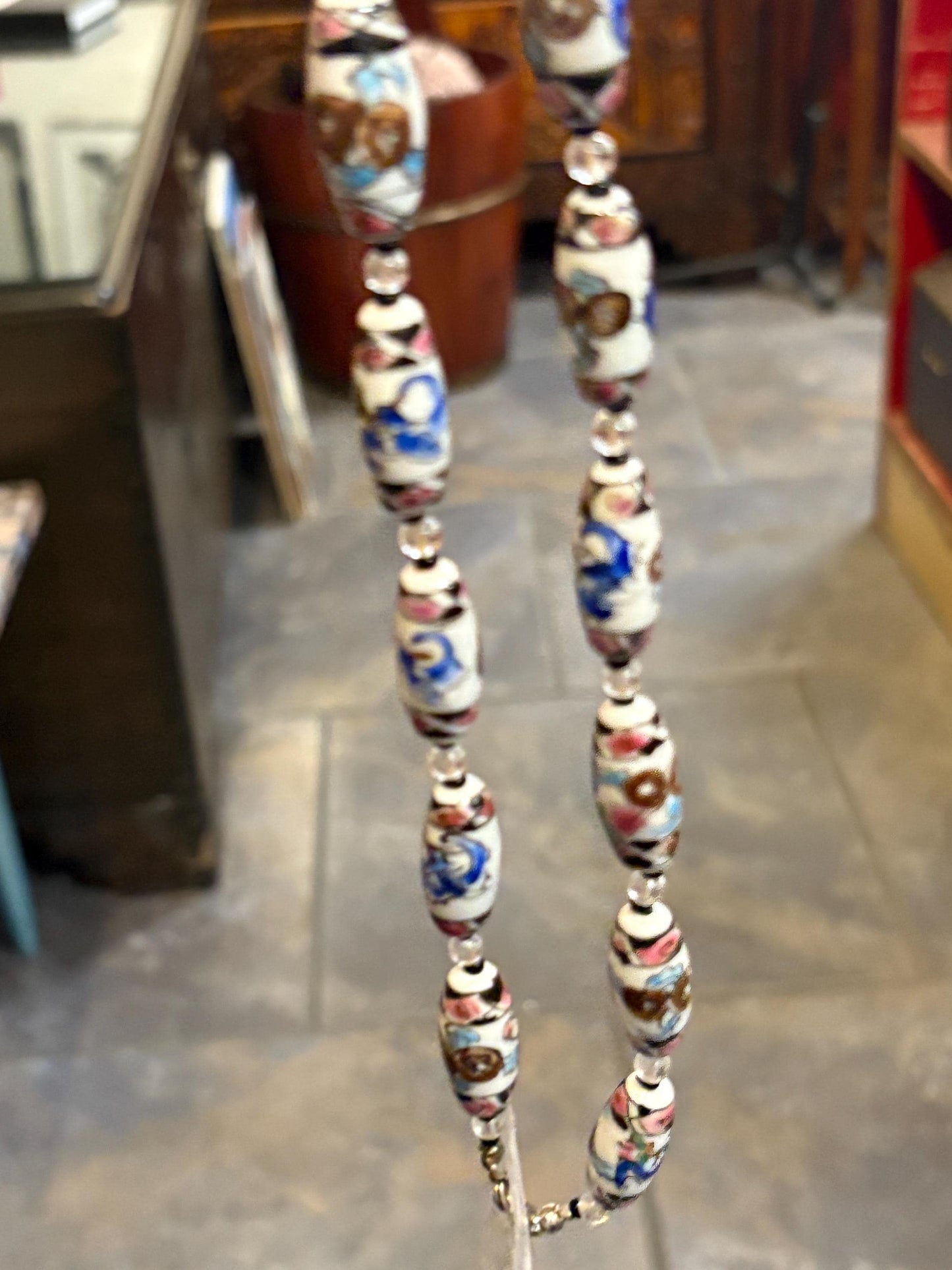Beautiful approximately 21 inch long  European hand painted porcelain bead necklace with earrings  great value and great gift