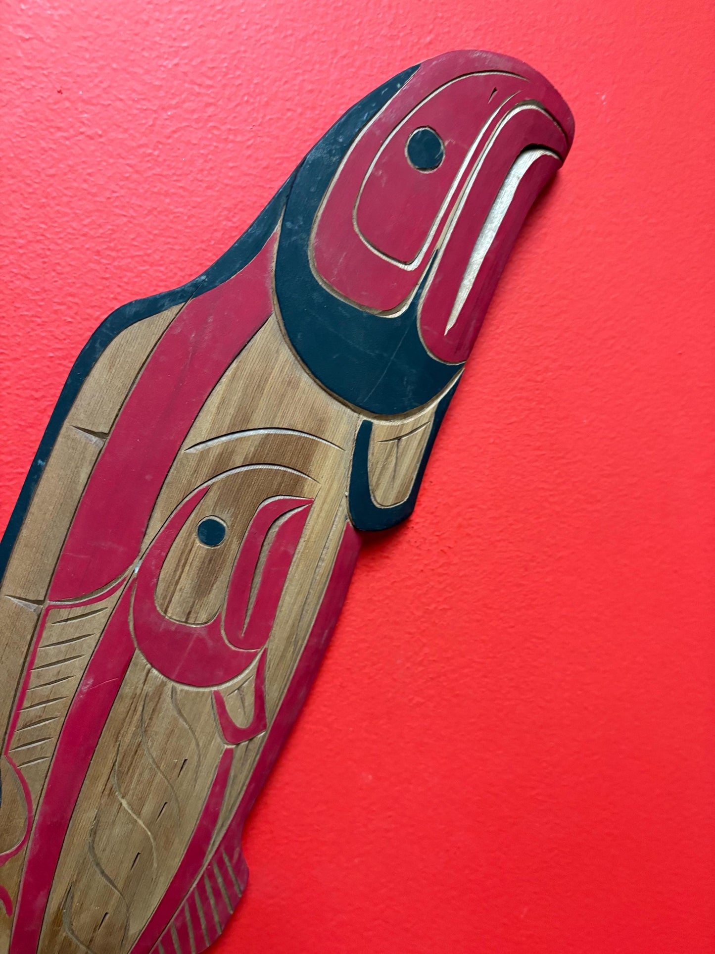 Stunning indigenous first nations pacific West Coast 18 x 5 high Pacific salmon by Tyrone Joseph  great detail and imagery  wow