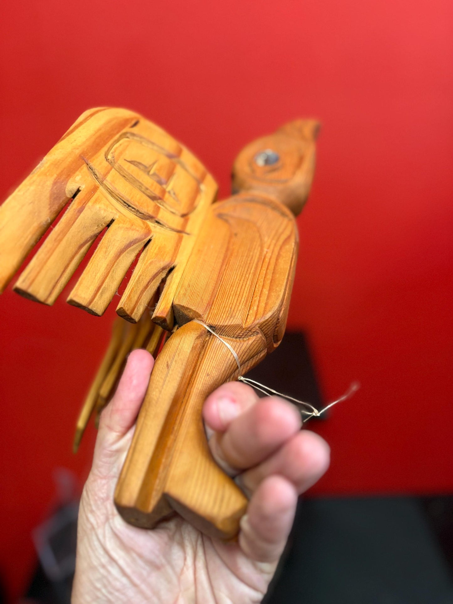 Beautiful 14 x 6 inch high cedar bird rattle with abalone eye indigenous first nations Pacific West Coast - unusual  sound   great value