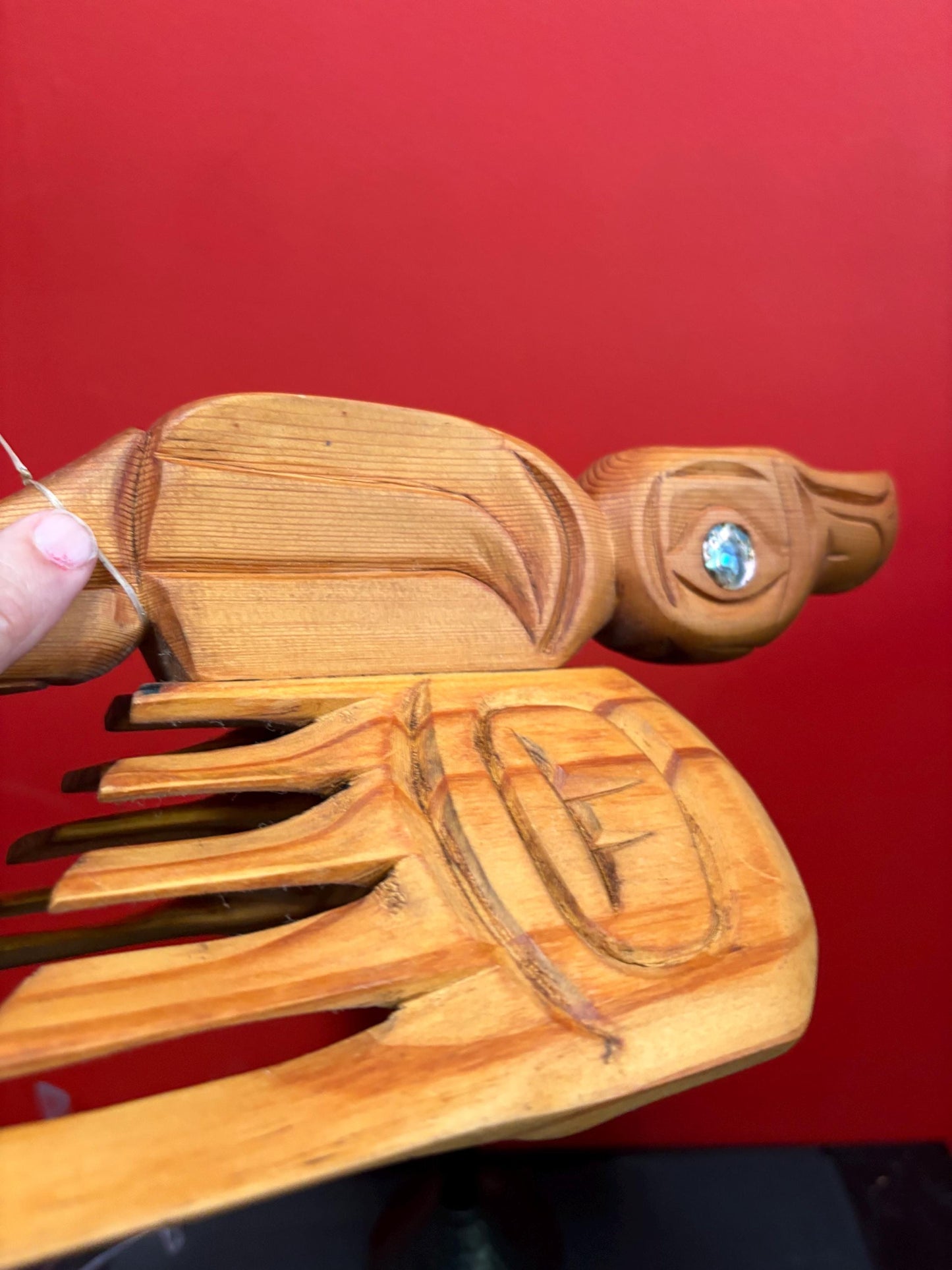 Beautiful 14 x 6 inch high cedar bird rattle with abalone eye indigenous first nations Pacific West Coast - unusual  sound   great value