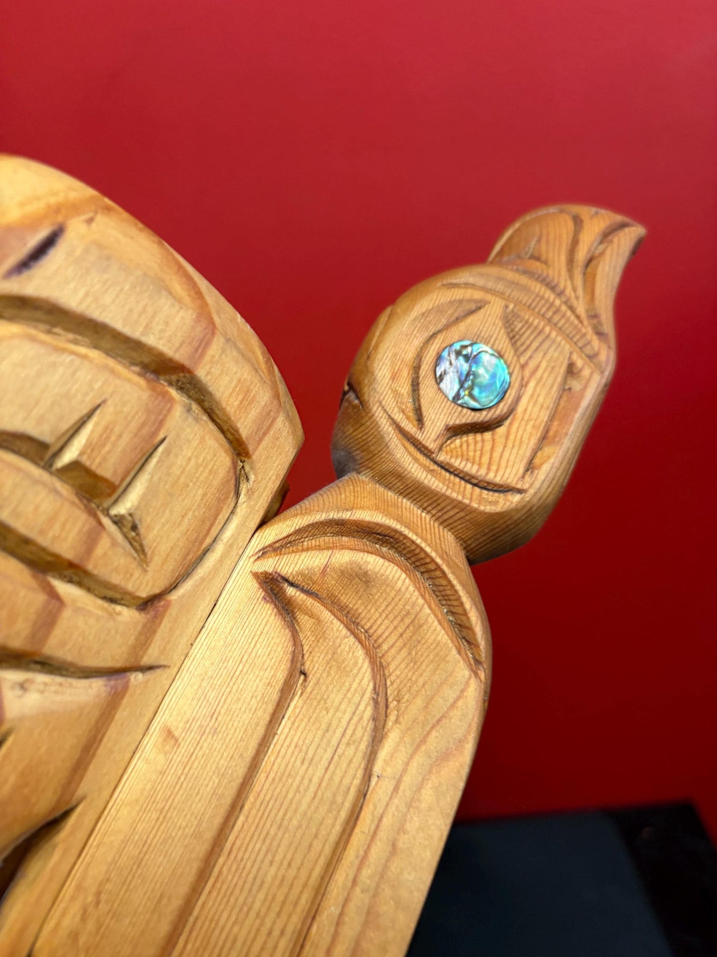 Beautiful 14 x 6 inch high cedar bird rattle with abalone eye indigenous first nations Pacific West Coast - unusual  sound   great value