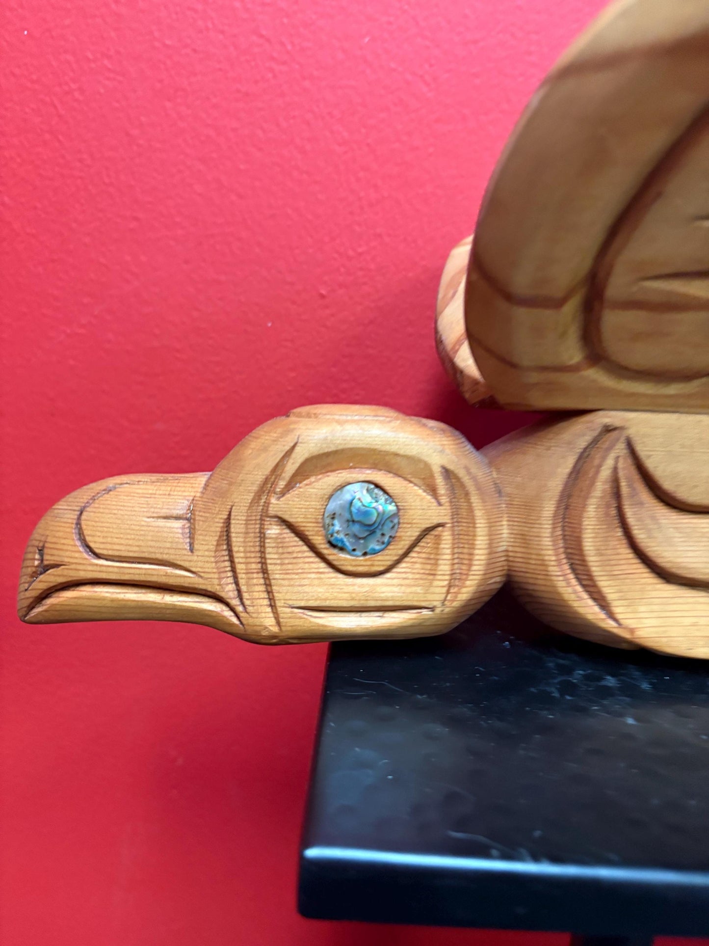 Beautiful 14 x 6 inch high cedar bird rattle with abalone eye indigenous first nations Pacific West Coast - unusual  sound   great value