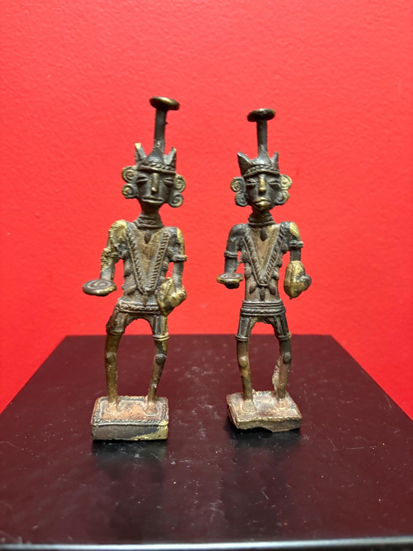 Pair Dhokra West Bengal Ancestor Figures (19th century) - 5.25 inches high  great antique condition  wonderful value