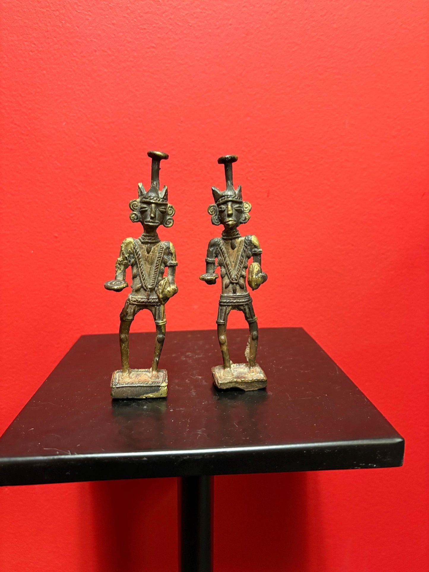 Pair Dhokra West Bengal Ancestor Figures (19th century) - 5.25 inches high  great antique condition  wonderful value