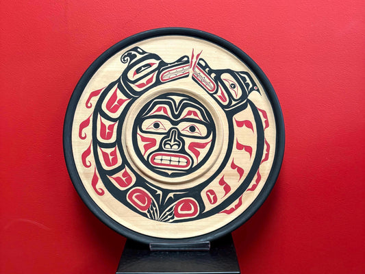 stunning 15.5 inch indigenous First Nations Pacific Northwest coast cedar  plaque detecting Sisiuti  signed  info on back  needs hanger