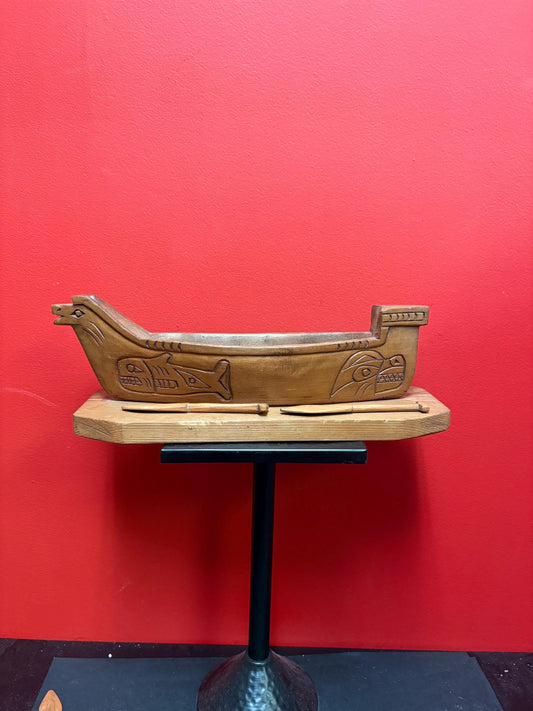 stunning indigenous First Nations Haida  carved cedar canoe on base signed by Steve August  great detail - comes with oars   15 x 5 x 4 in