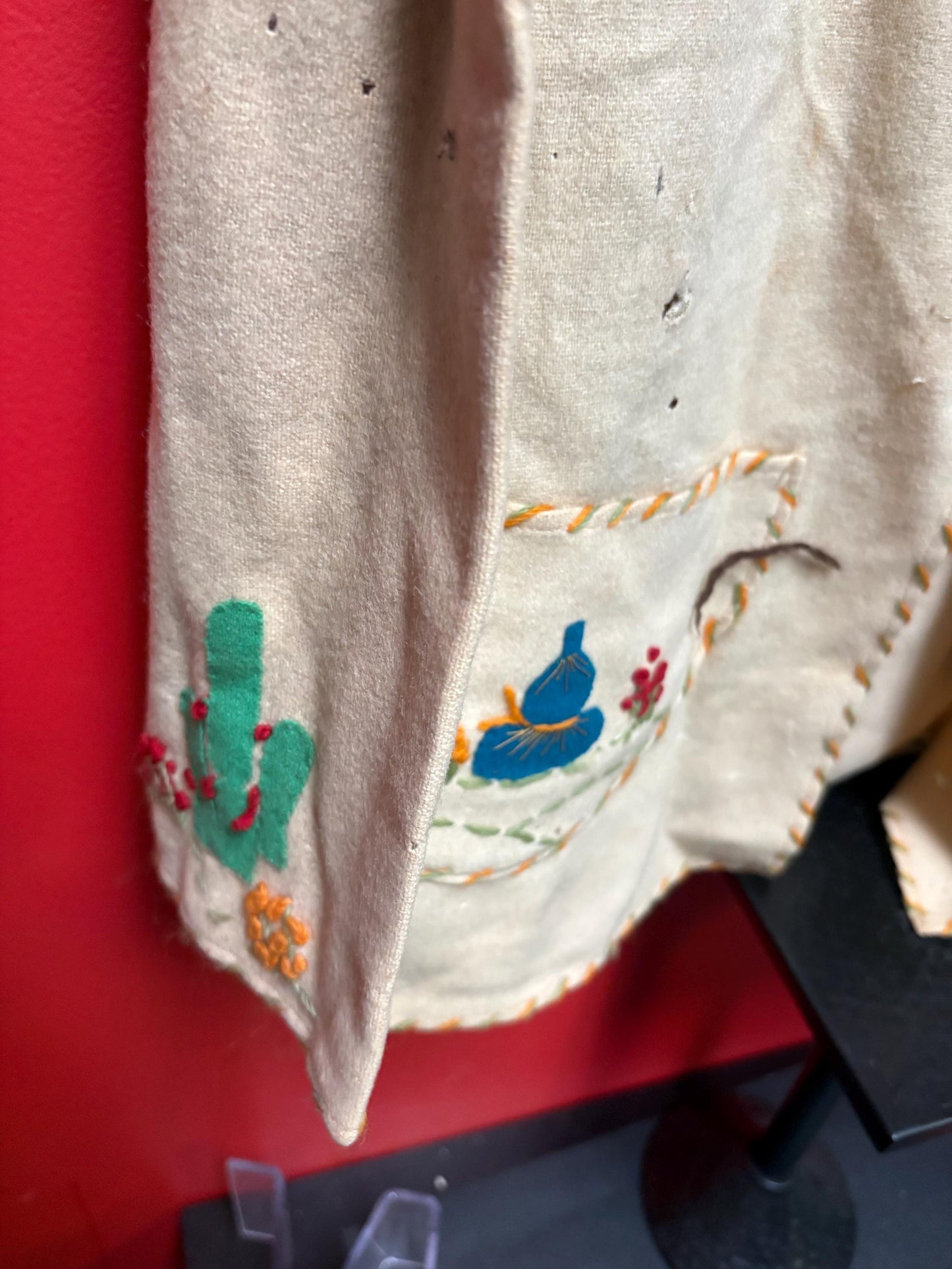 Beautiful antique Mexican leather and woven  jacket 30 inch tall and 16 inch across chest approximately  some tiny holes