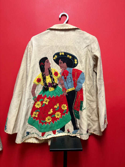 Beautiful antique Mexican leather and woven  jacket 30 inch tall and 16 inch across chest approximately  some tiny holes