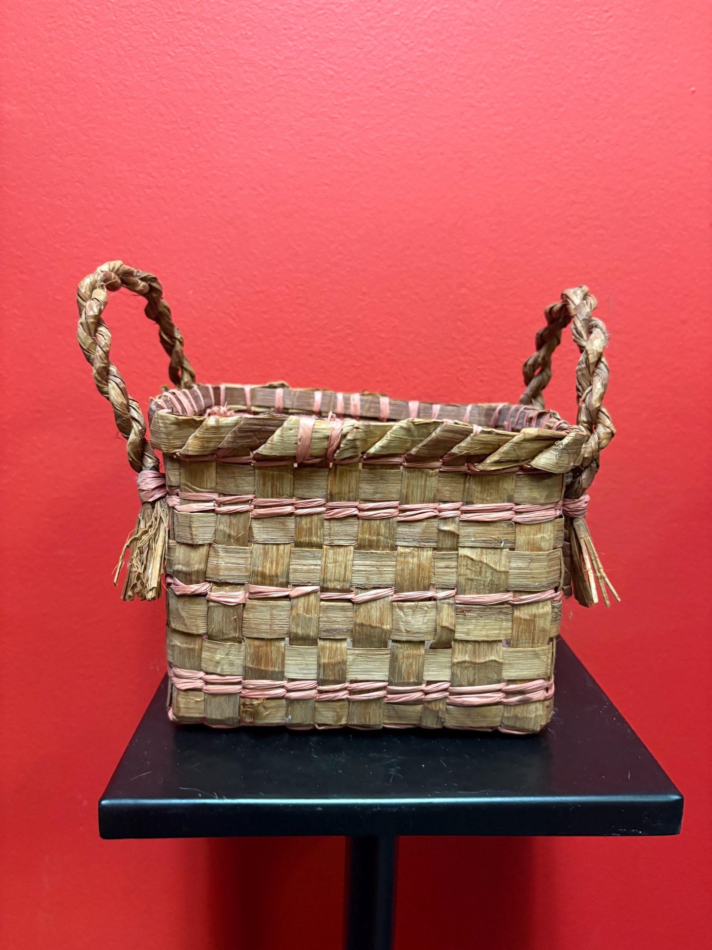 Beautiful antique eastern Canadian indigenous first Nations double handed Cedar bark basket 8 x 6 x 7 1/2“ high  good condition -