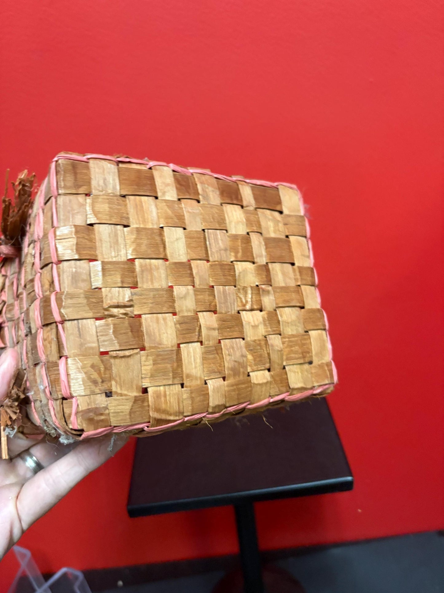 Beautiful antique eastern Canadian indigenous first Nations double handed Cedar bark basket 8 x 6 x 7 1/2“ high  good condition -