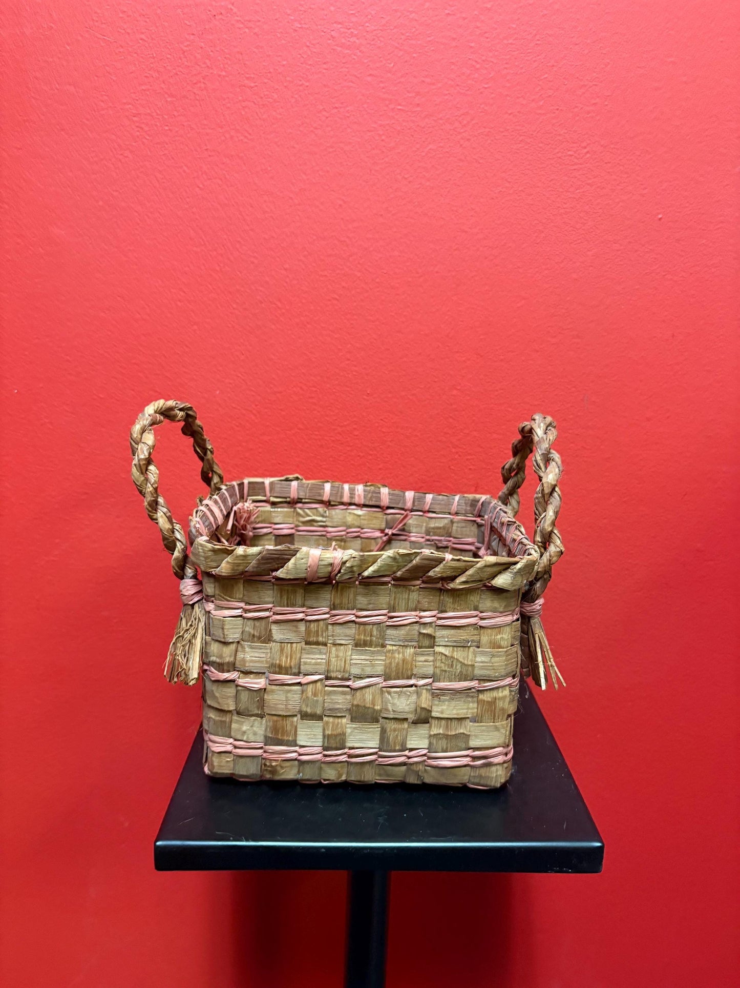 Beautiful antique eastern Canadian indigenous first Nations double handed Cedar bark basket 8 x 6 x 7 1/2“ high  good condition -