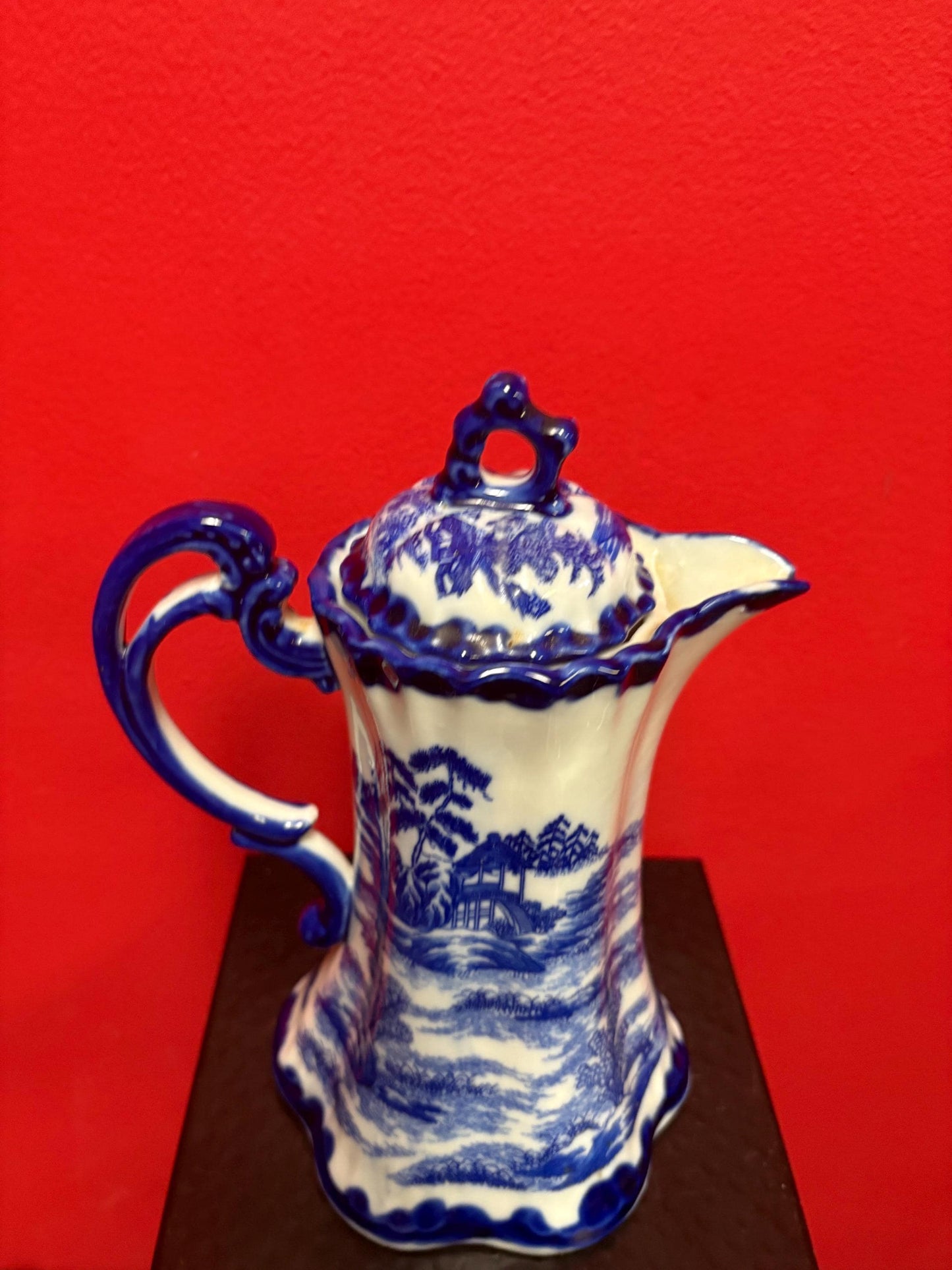 beautiful  antique Japanese 9 1/2 inch tall, blue and white coffee or hot chocolate pot  wonderful imagery and great value