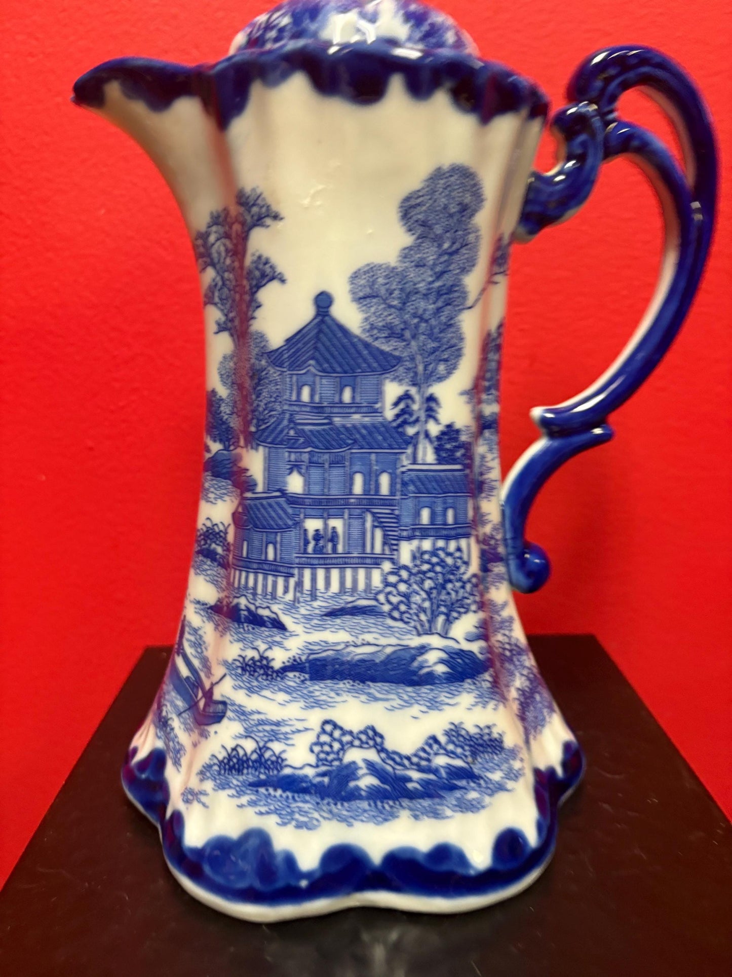 beautiful  antique Japanese 9 1/2 inch tall, blue and white coffee or hot chocolate pot  wonderful imagery and great value