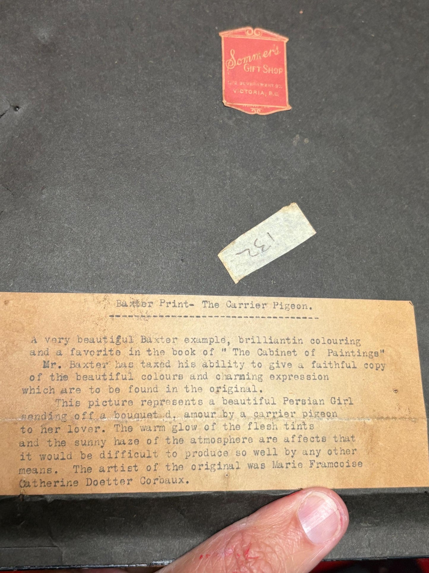 Amazing 19 century 14 x 10 baxter print in beautiful frame with information on back  the pigeon carrier  great condition and amazing valu