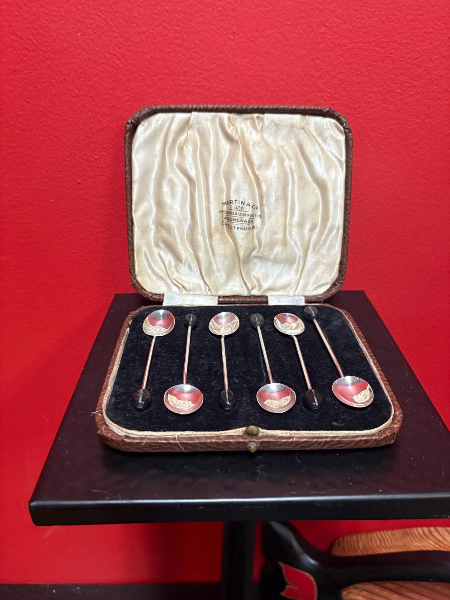 stunning English sterling coffee spoons with coffee bean knobs in original box  Hallmark early 1900s  great gift  great value