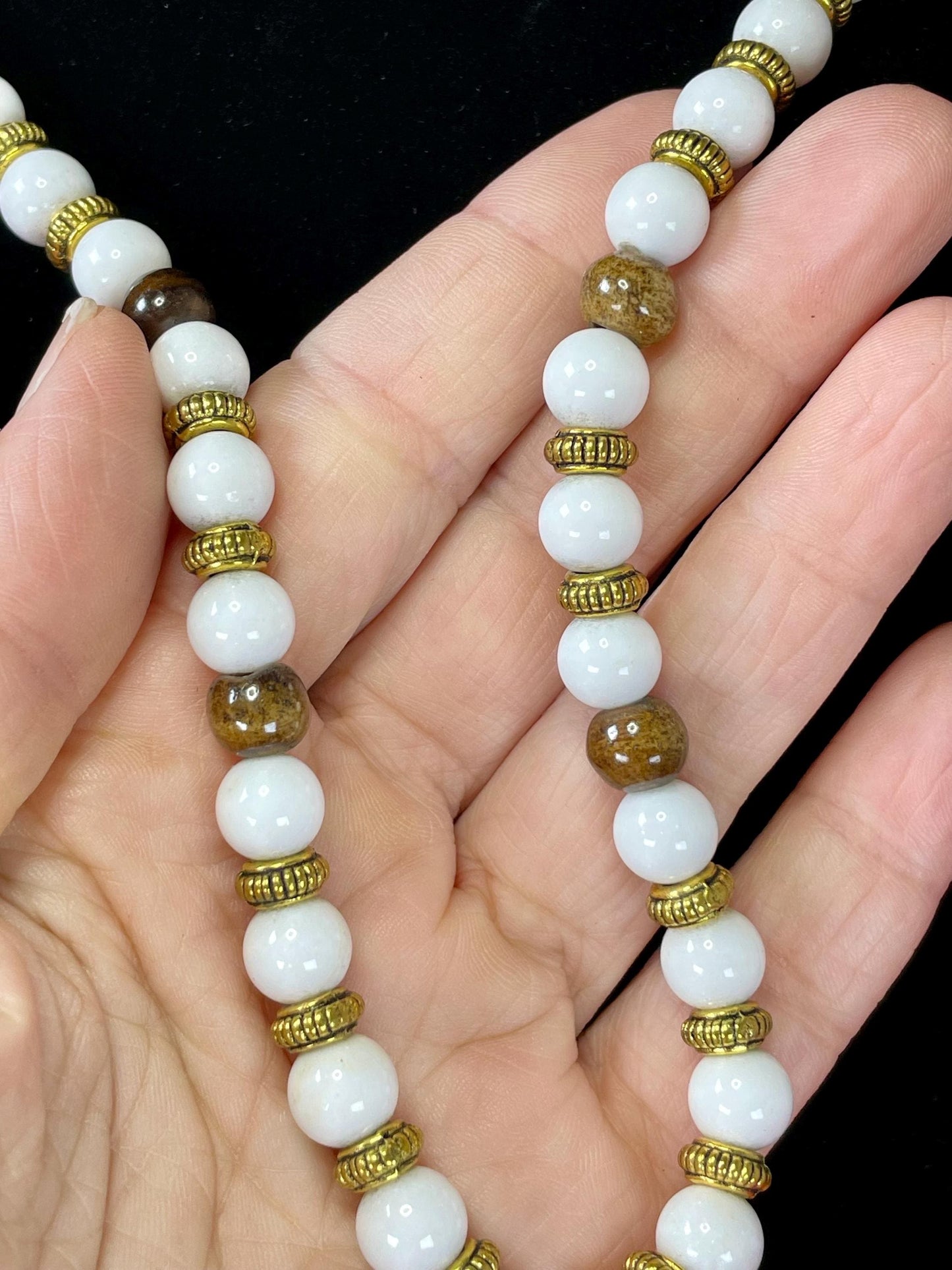 Vintage 24 inch White Glass and Wood Bead Necklace with Gold Accents
