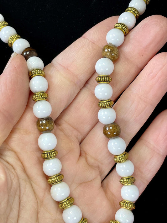 Vintage 24 inch White Glass and Wood Bead Necklace with Gold Accents