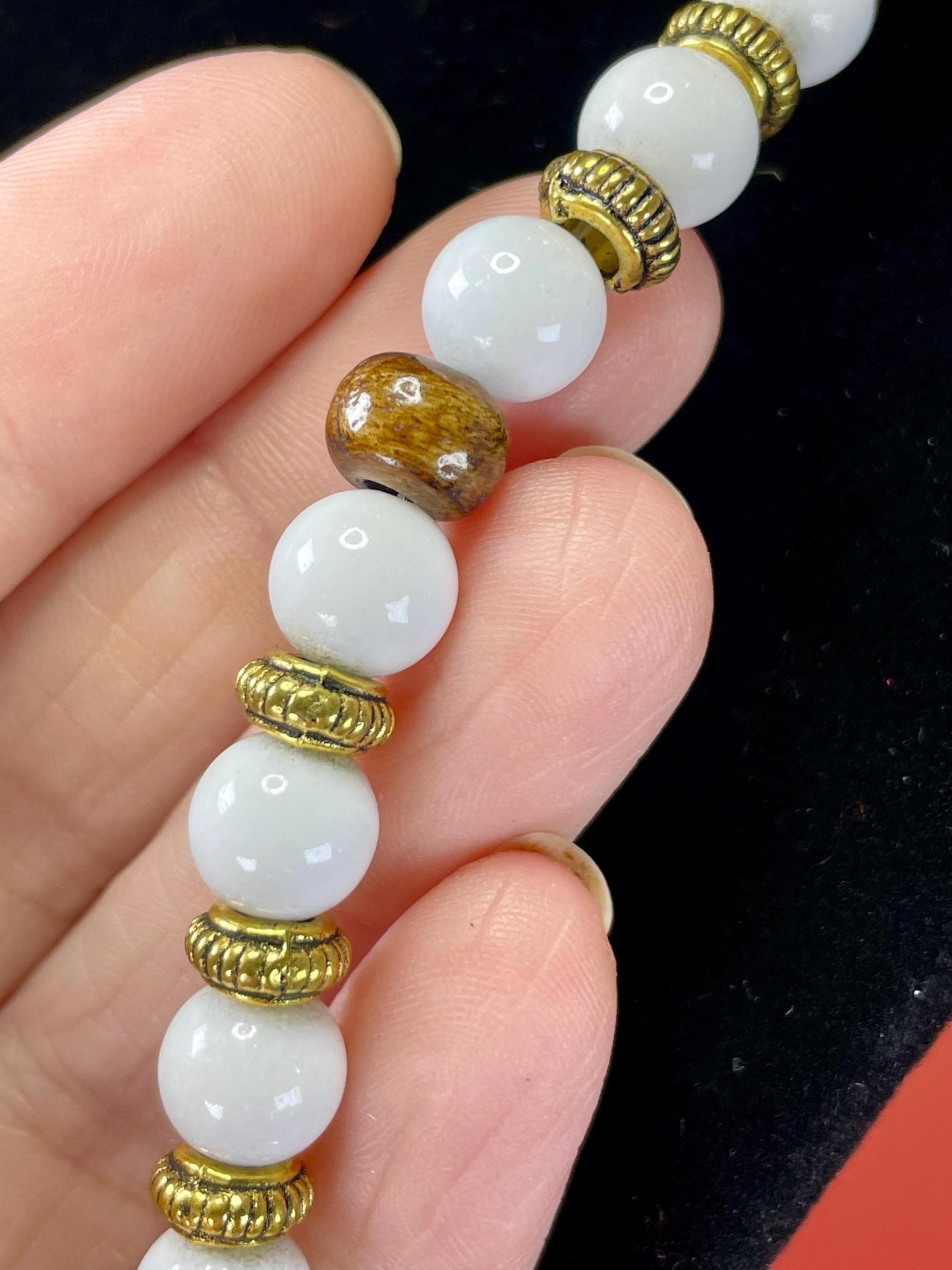 Vintage 24 inch White Glass and Wood Bead Necklace with Gold Accents