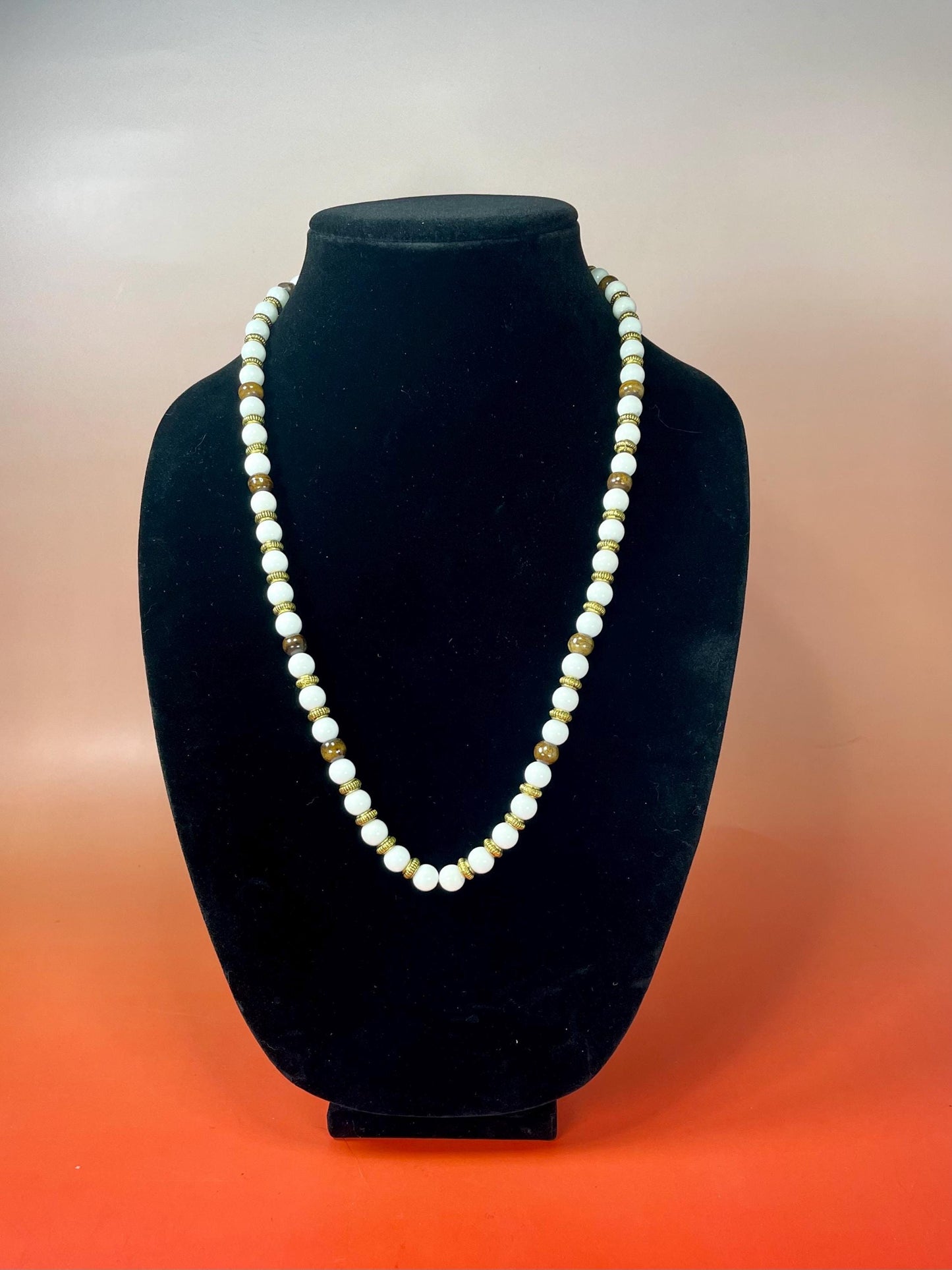 Vintage 24 inch White Glass and Wood Bead Necklace with Gold Accents