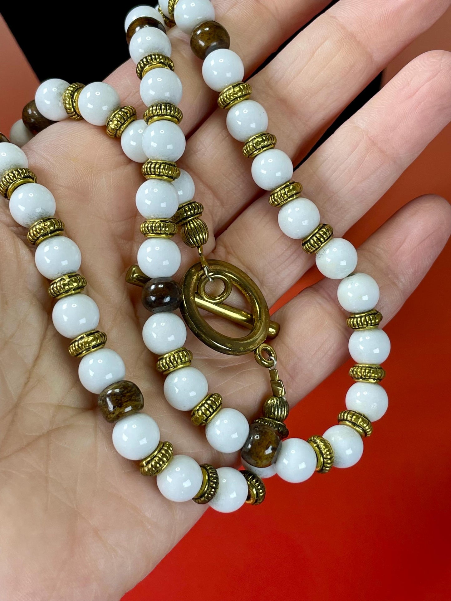Vintage 24 inch White Glass and Wood Bead Necklace with Gold Accents