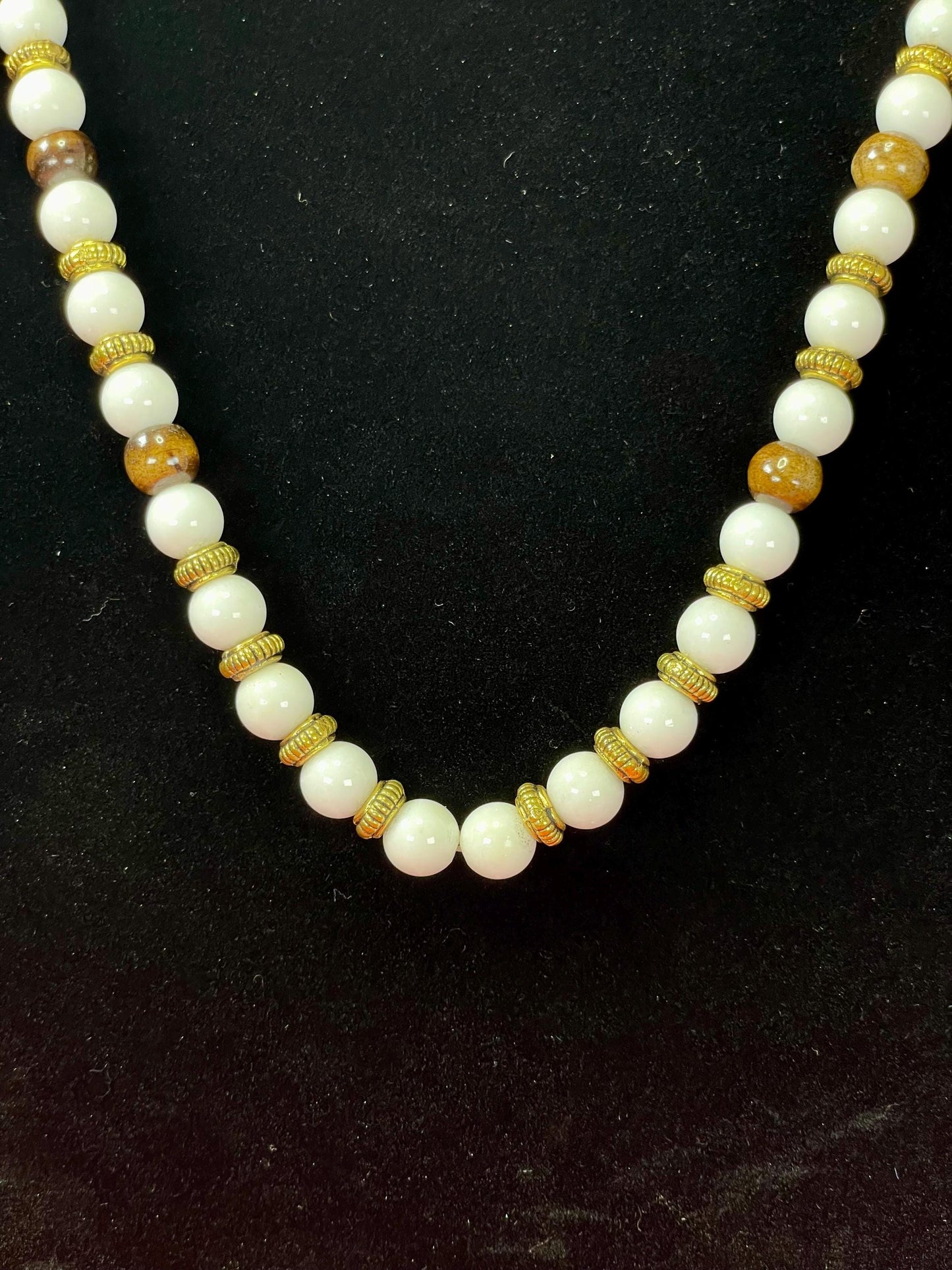 Vintage 24 inch White Glass and Wood Bead Necklace with Gold Accents