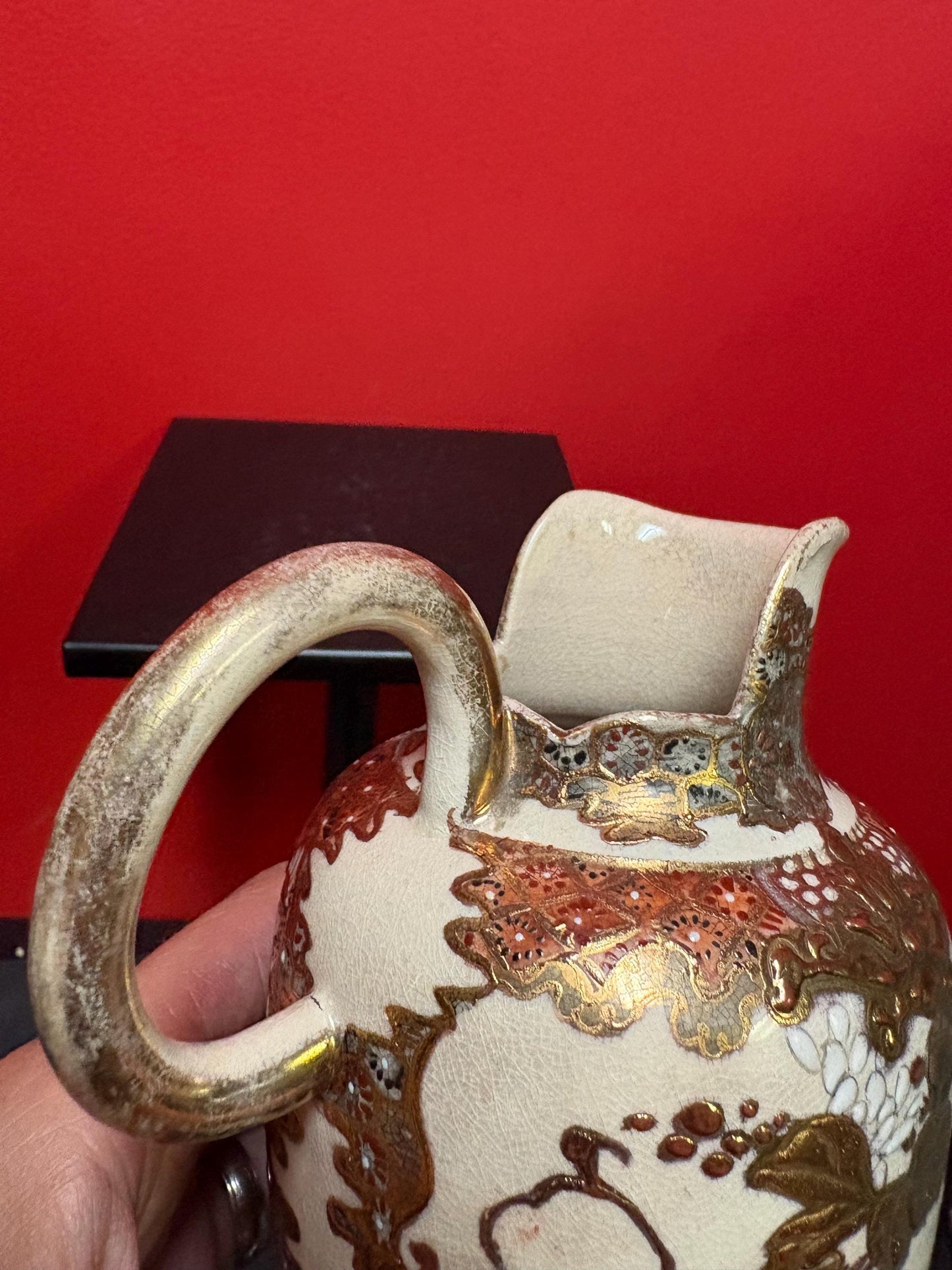 stunning  6 inch tall Japanese Meji period  Satsuma jug wonderful condition with worn handle  great value