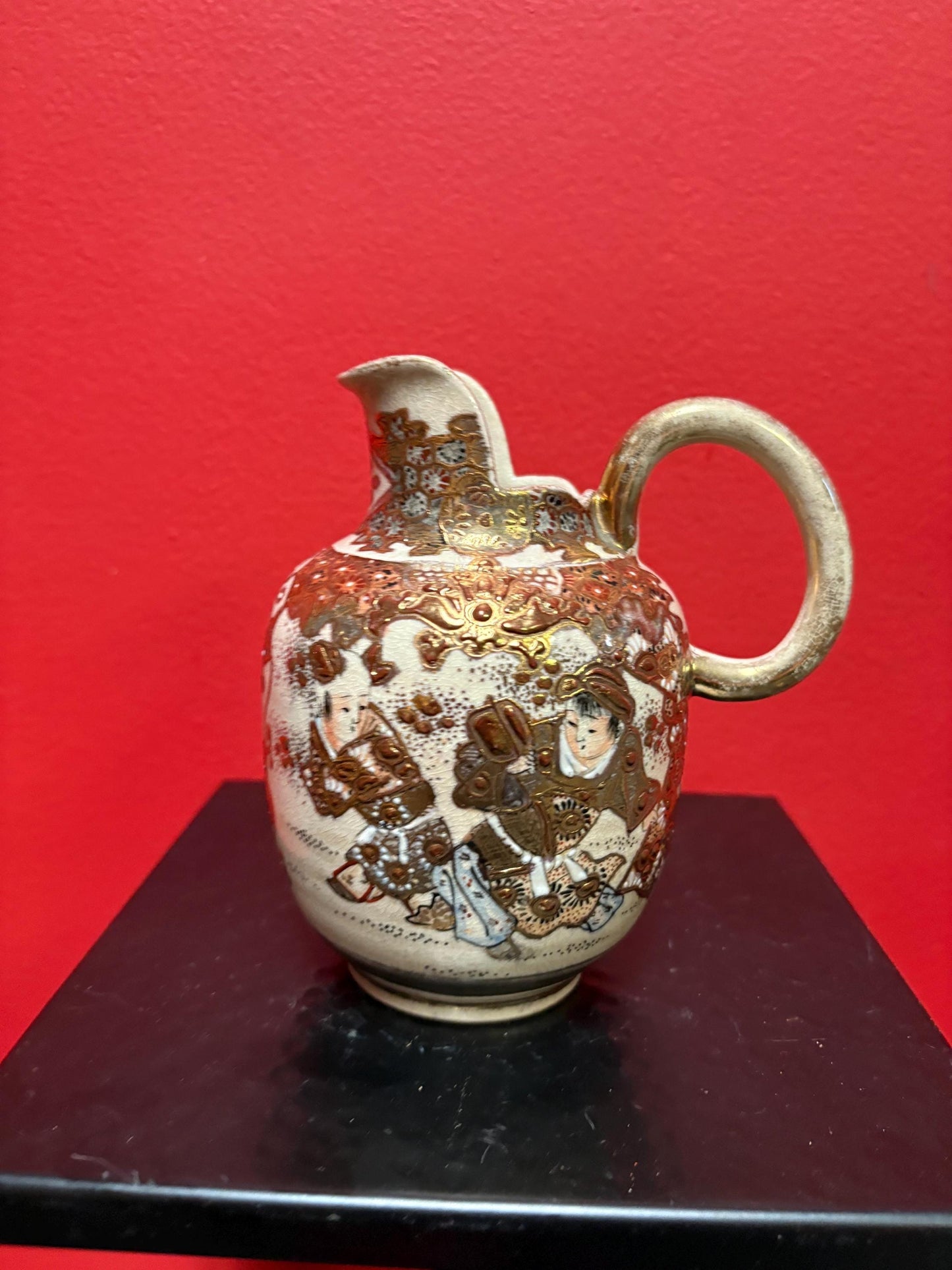 stunning  6 inch tall Japanese Meji period  Satsuma jug wonderful condition with worn handle  great value