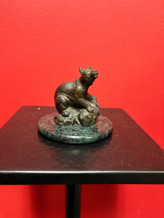 Lovely little 4 inch high antique bronze statue of a bear glued on a marble stand  nice detail and great value