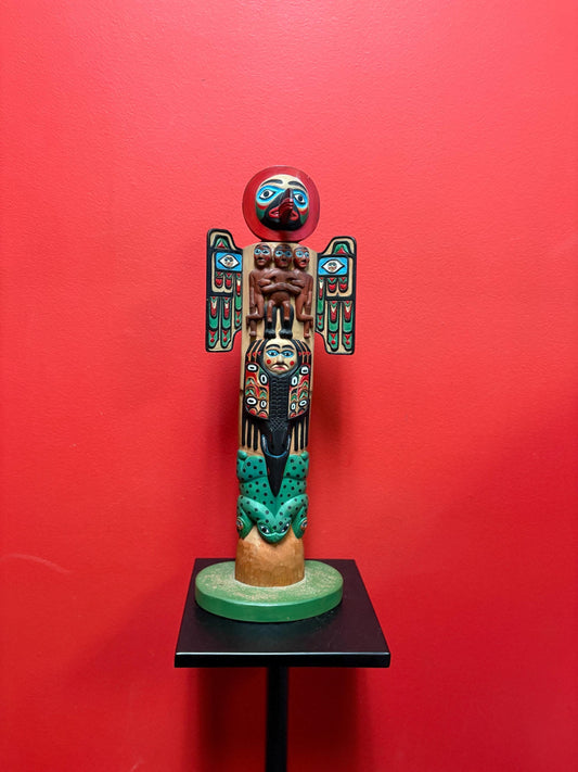 Magnificent museum quality 17 inch tall early 1900s polychrome painted unsigned indigenous first nations pacific Northwest coast totem pole