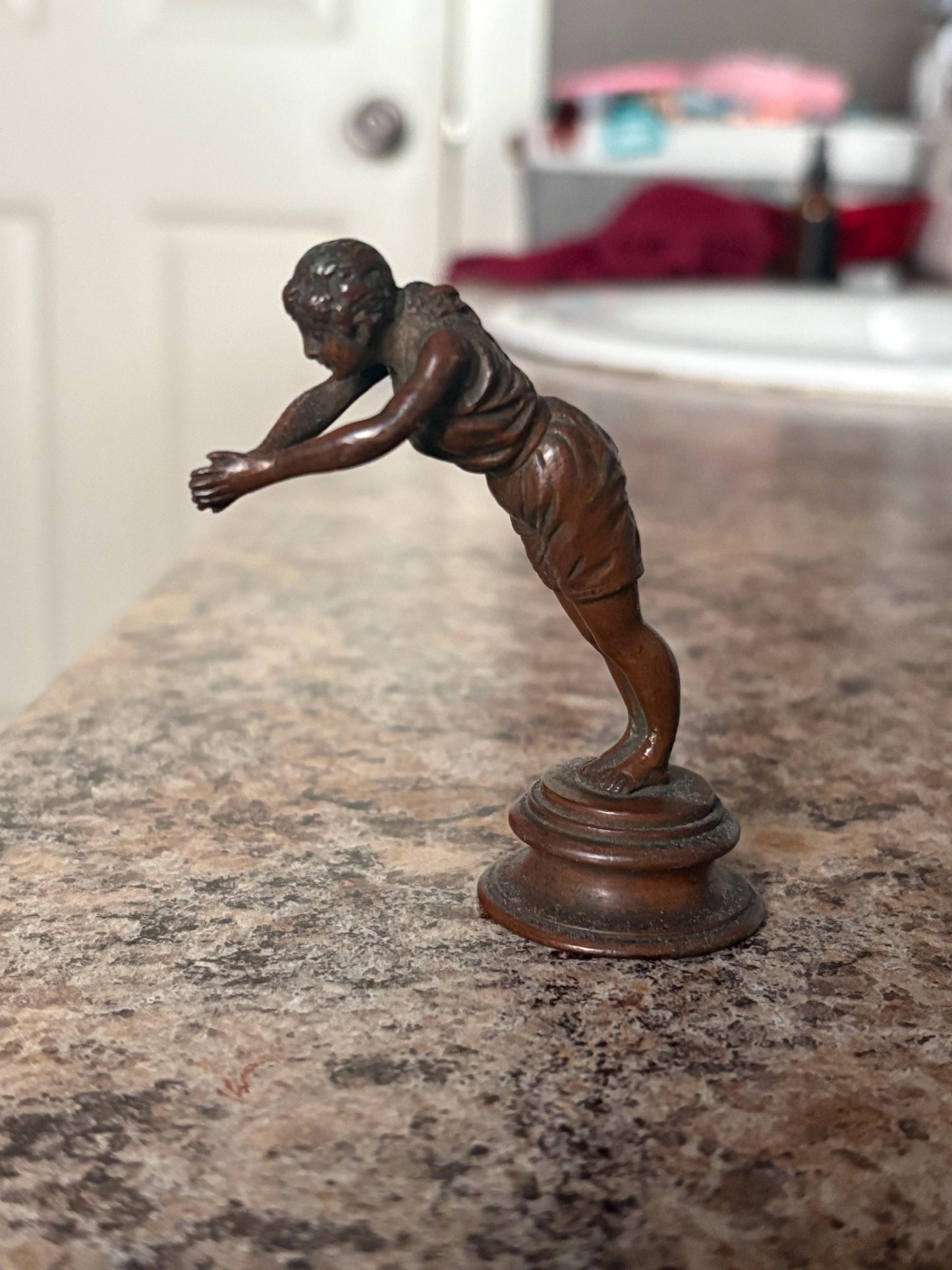 Stunning 3 1/2 inch tall European antique bronze of a lady diving   amazing detail and patina  perfect for your cabinet or as a gift