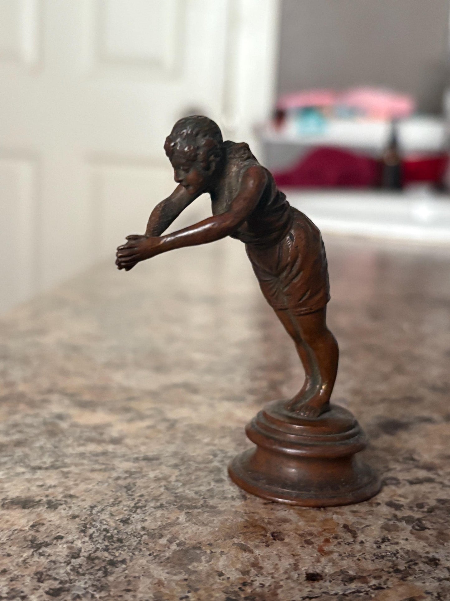 Stunning 3 1/2 inch tall European antique bronze of a lady diving   amazing detail and patina  perfect for your cabinet or as a gift