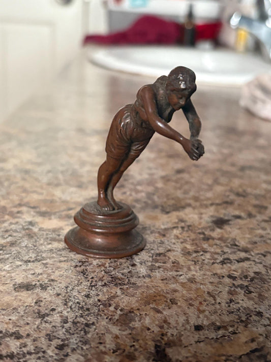 Stunning 3 1/2 inch tall European antique bronze of a lady diving   amazing detail and patina  perfect for your cabinet or as a gift