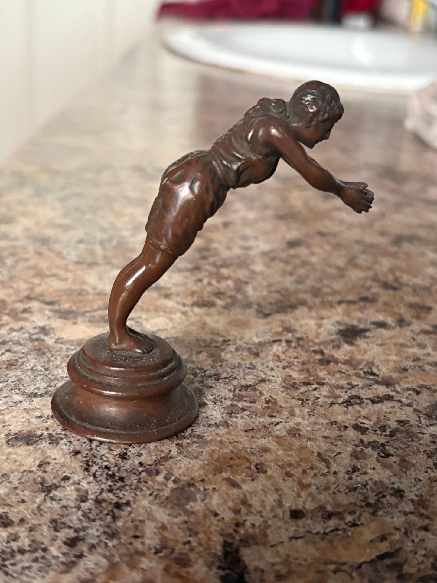 Stunning 3 1/2 inch tall European antique bronze of a lady diving   amazing detail and patina  perfect for your cabinet or as a gift