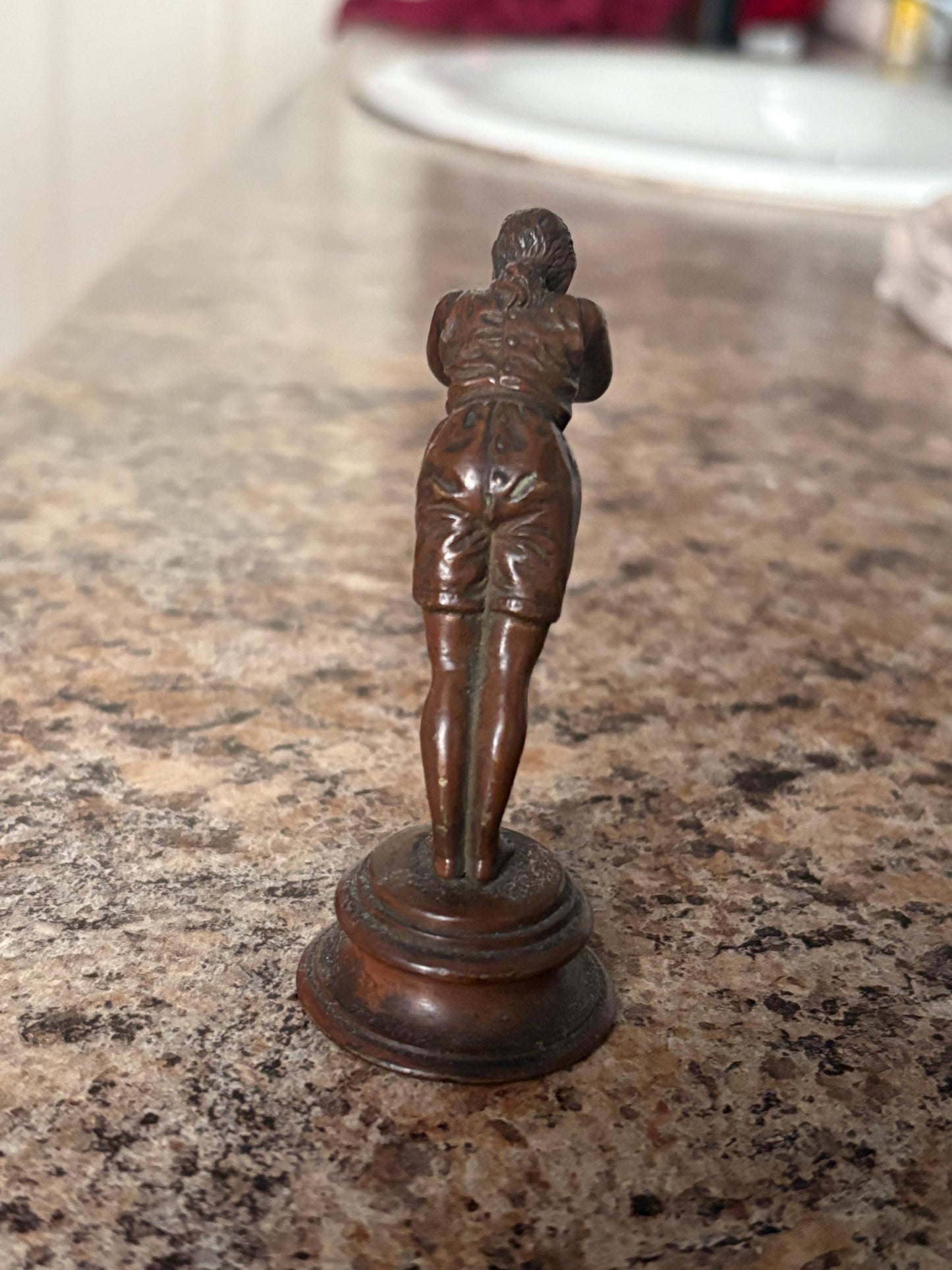 Stunning 3 1/2 inch tall European antique bronze of a lady diving   amazing detail and patina  perfect for your cabinet or as a gift