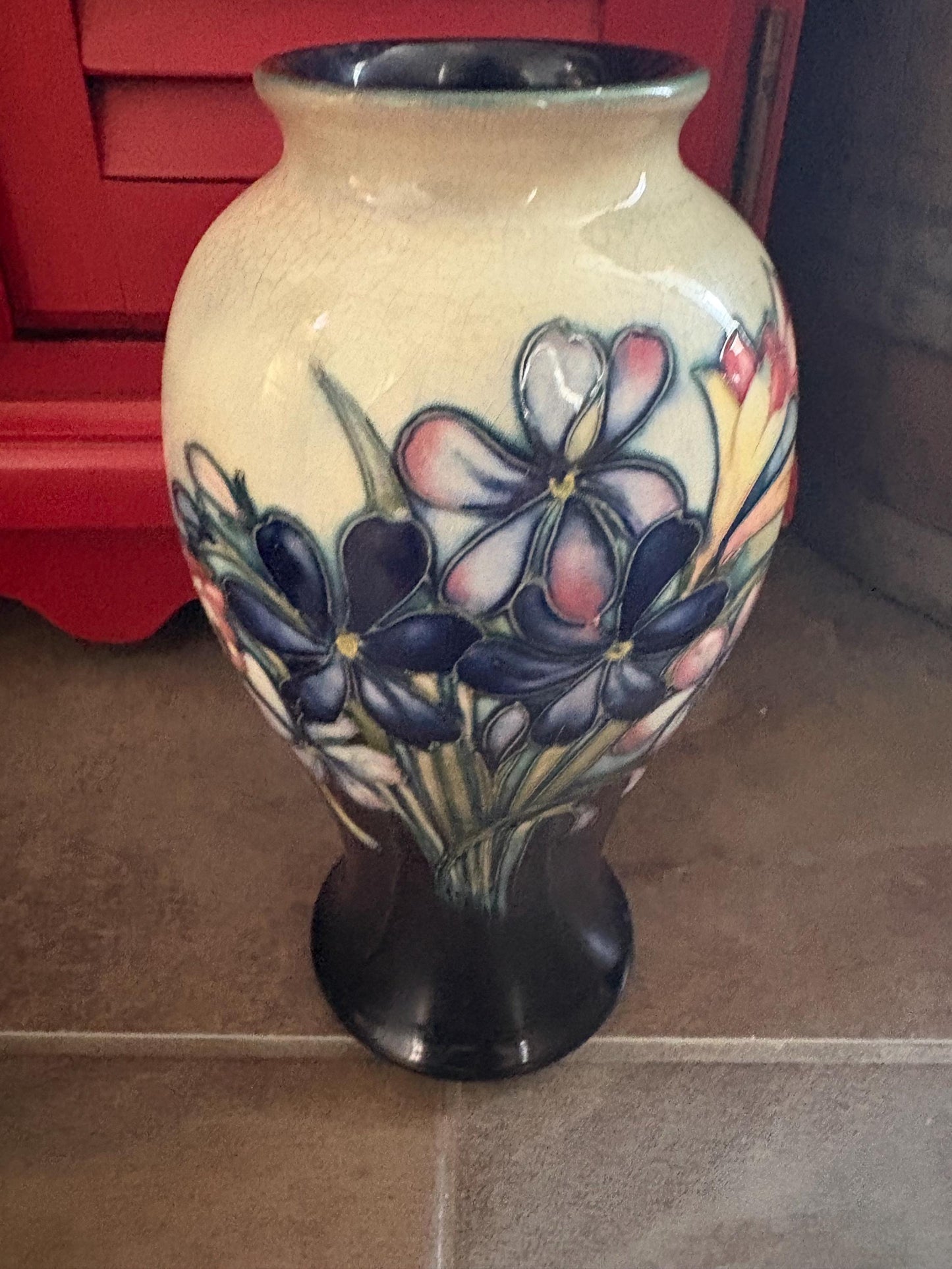Stunning antique William Moorcroft 10 inch tall vase  orchids and Lily design  rare piece  slight crazing at top  wow piece!!! Moorcroft