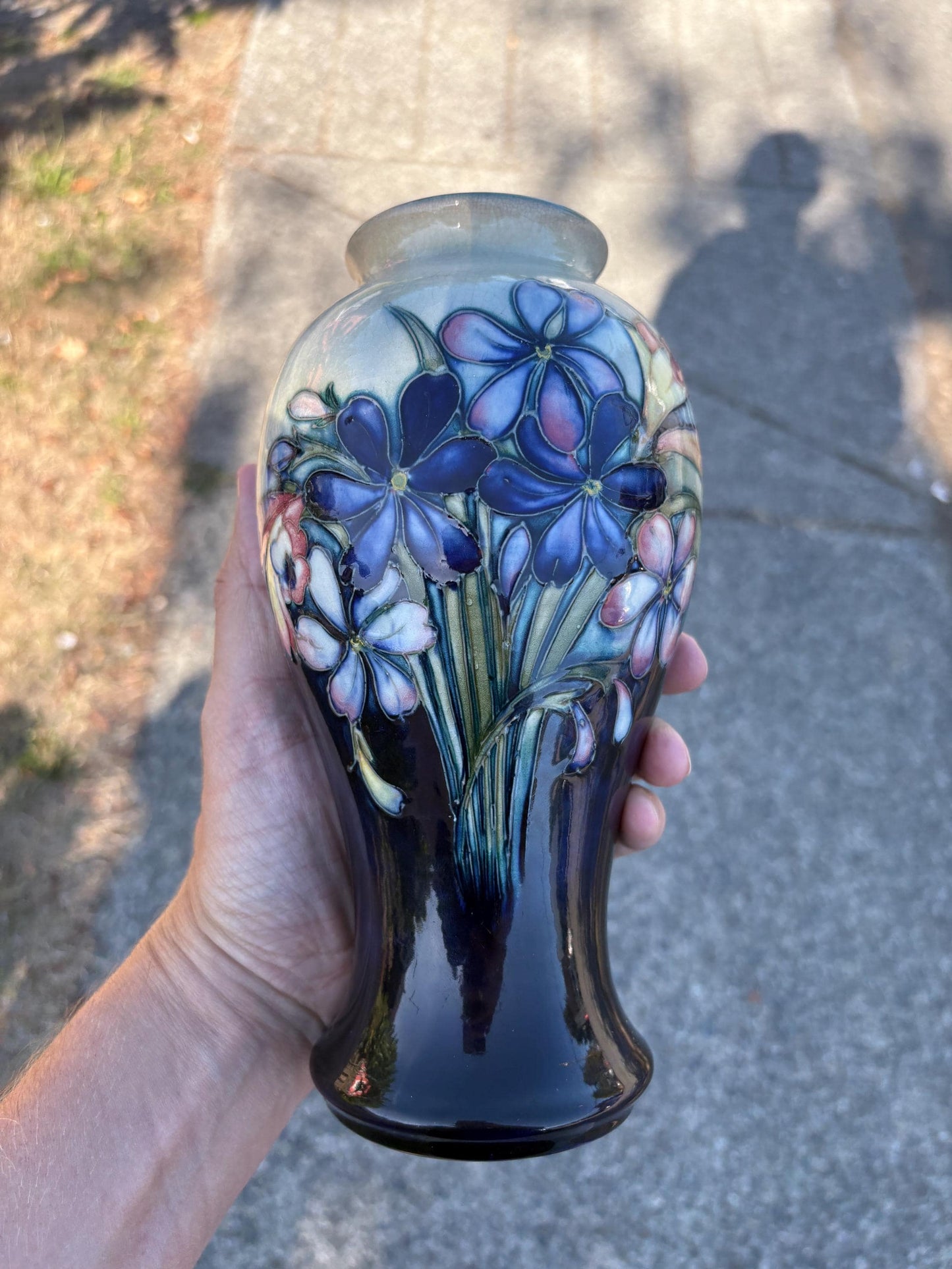 Stunning antique William Moorcroft 10 inch tall vase  orchids and Lily design  rare piece  slight crazing at top  wow piece!!! Moorcroft