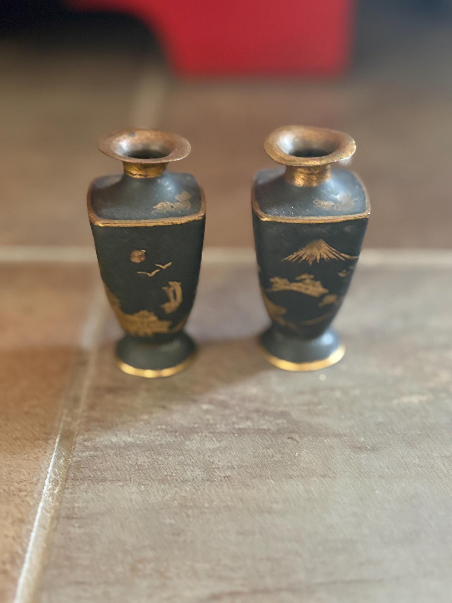 Pair of beautiful antique Japanese meji bronze and gilded vases  2.5 inches tall each  very pretty