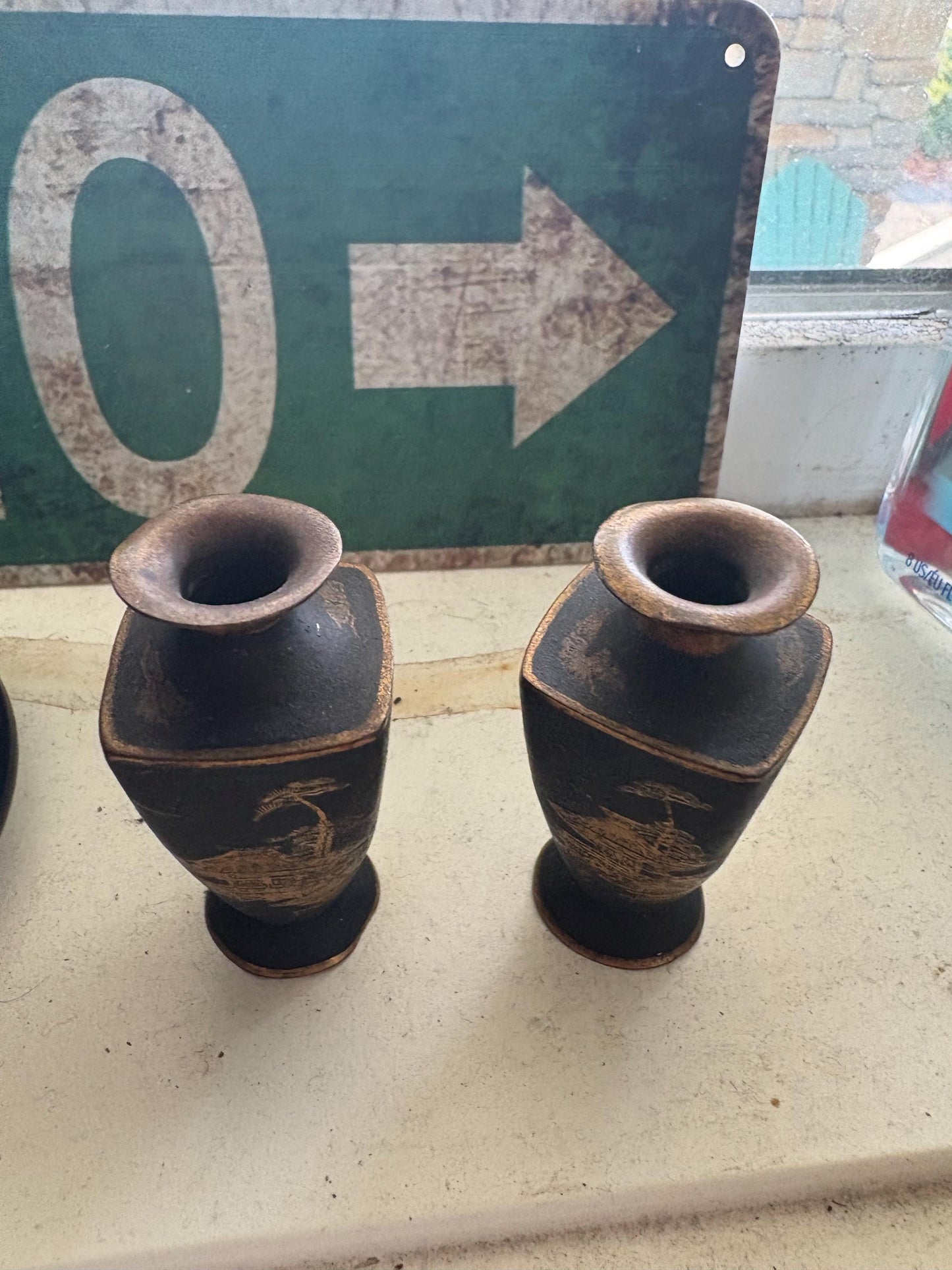 Pair of beautiful antique Japanese meji bronze and gilded vases  2.5 inches tall each  very pretty