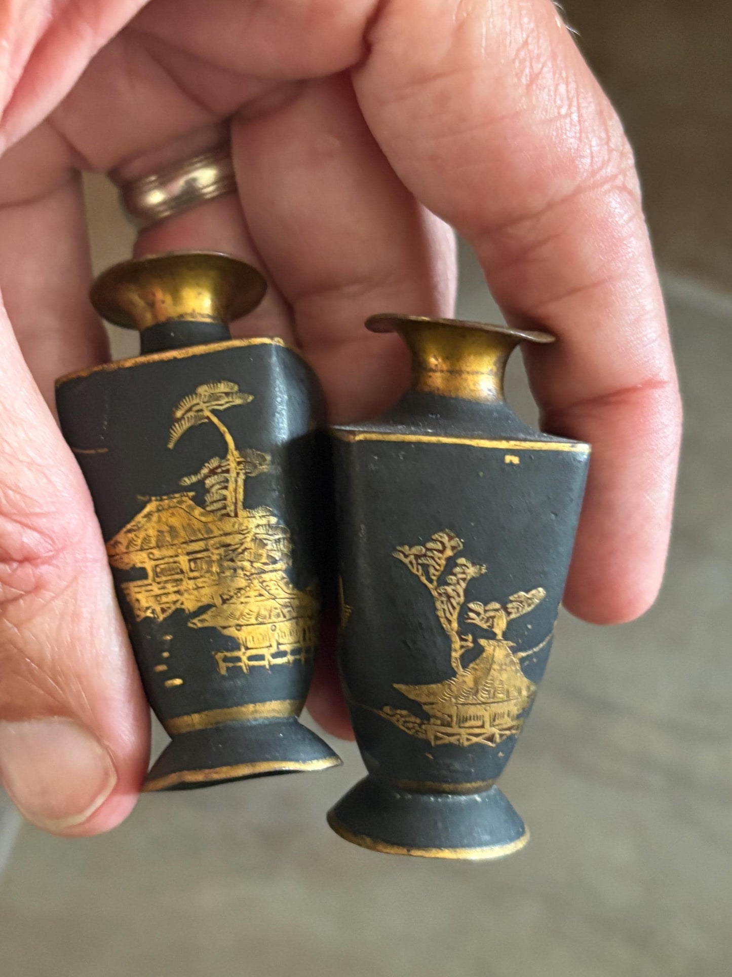 Pair of beautiful antique Japanese meji bronze and gilded vases  2.5 inches tall each  very pretty