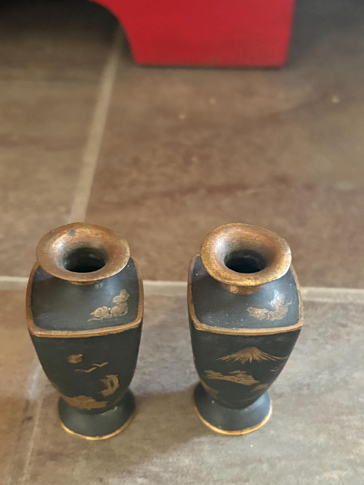 Pair of beautiful antique Japanese meji bronze and gilded vases  2.5 inches tall each  very pretty