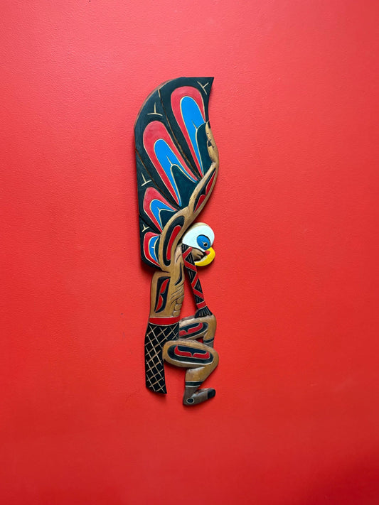 Magnificent 22 x 5 indigenous first nations Pacific Northwest Coast unsigned Eagle Man transformation plaque - amazing detail - wow
