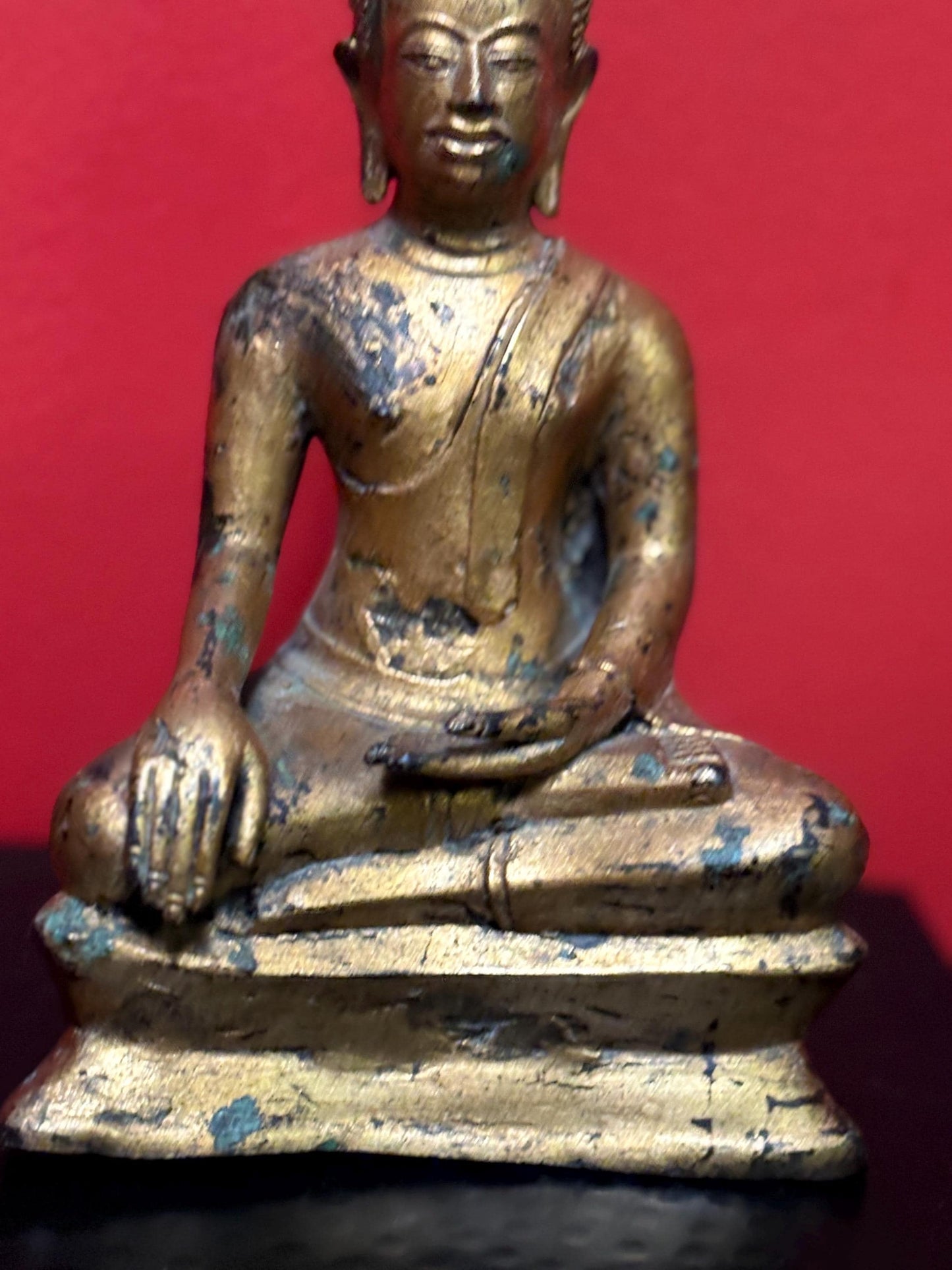 Magnificent museum quality 18 century THAI 9 1/2 x 5 wide gilded bronze seated statue of a Buddha  amazing patina -  wow