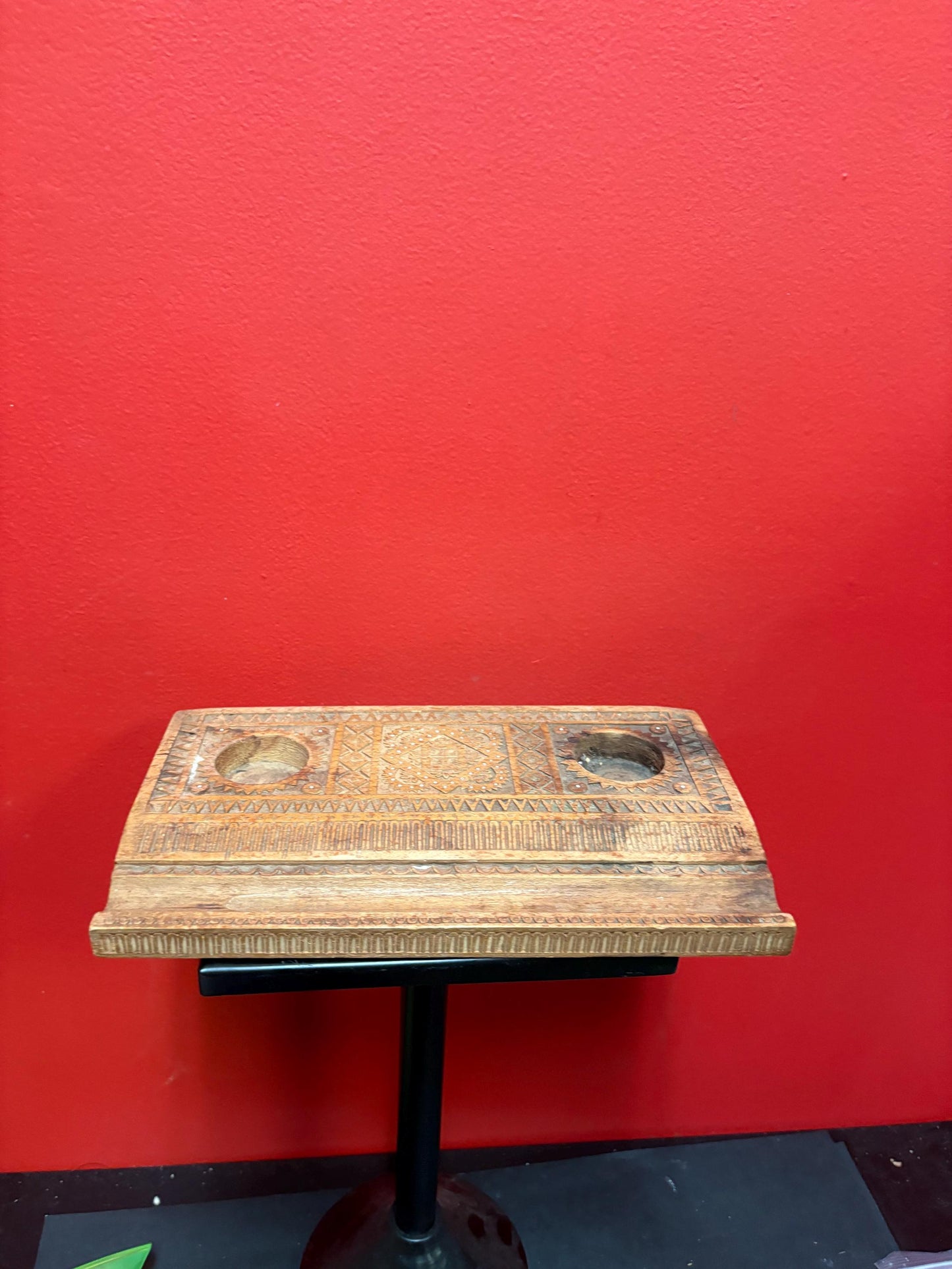 unique  heavily carved antique wooden inkwell  missing bottles - 11 x 7 and holes 1.5 inch wide great value