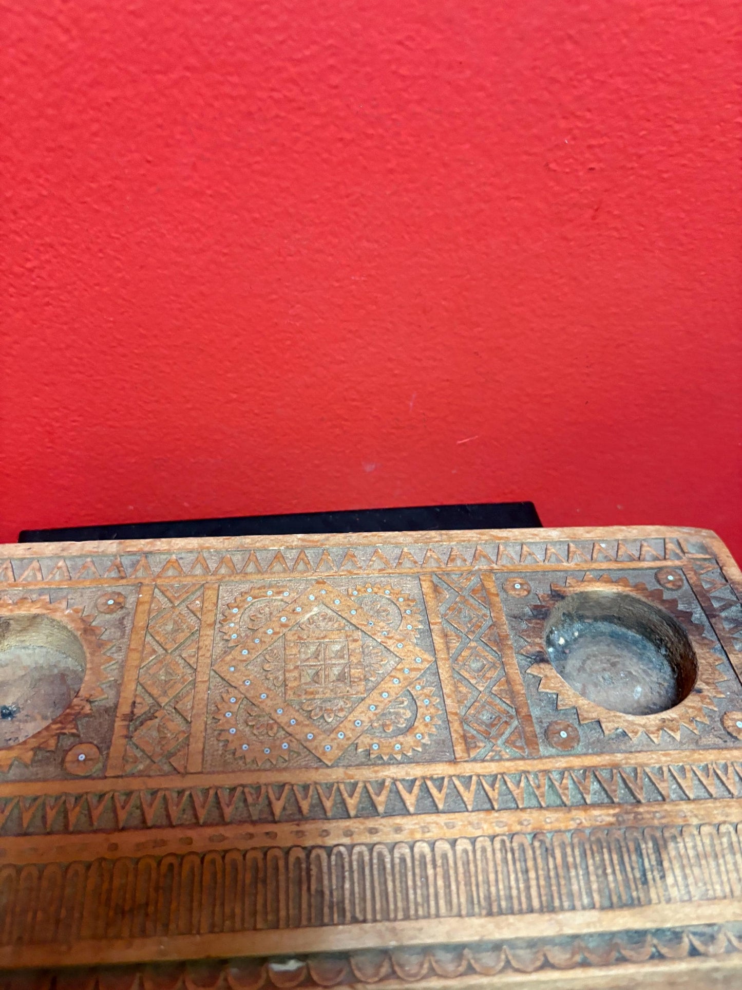 unique  heavily carved antique wooden inkwell  missing bottles - 11 x 7 and holes 1.5 inch wide great value