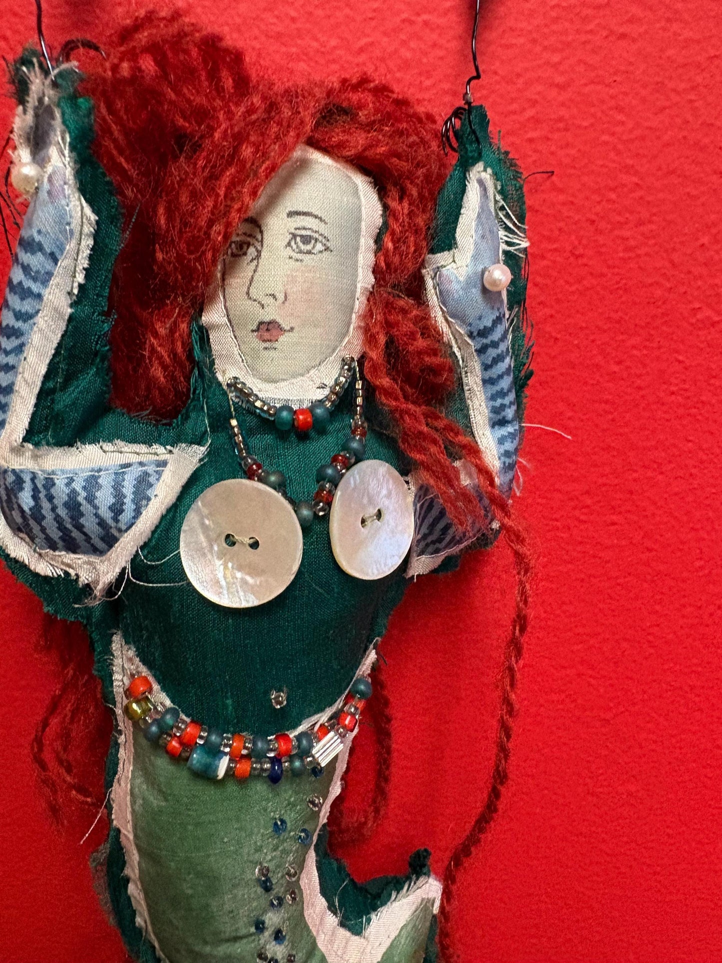 Fabulous unique indigenous? Vintage mermaid  - 13 inches long with fabric beads and mother of  Pearl   crazy cool mermaid