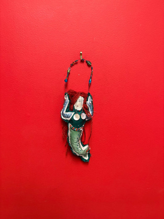 Fabulous unique indigenous? Vintage mermaid  - 13 inches long with fabric beads and mother of  Pearl   crazy cool mermaid